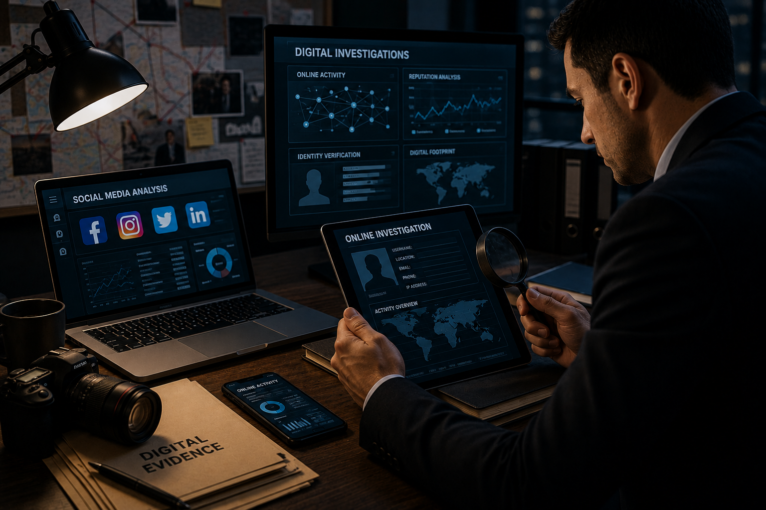 •	Social media investigations<br />
•	Online activity analysis<br />
•	Identity verification<br />
•	Reputation investigations<br />
•	Digital evidence preservation<br />
